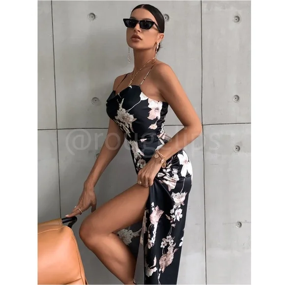 Floral Print Cowl Neckline Cami Satin Midi Dress Black  Leg Slit - Picture 5 of 8